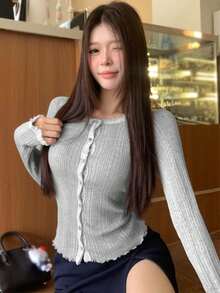 Elegant Lace Trim Knit Cardigan, Fitted Frill Trim Cropped Top - Grey - View 3