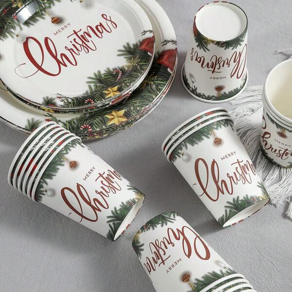 60pcs/Set Christmas Tree Candy Gift Party Tableware Set, Including Christmas Tree Gift Pattern Paper Plates, Merry Christmas Plates, Paper Plates, Dessert Plates, Beverage Cups