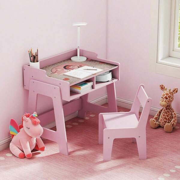 Toddler Table And Chair Set, Wooden Kids Desk And Chair Set, Pink Study Table And Chair Set For Girls, Kids Acitvity Table With Storage For Ages3-8, Toddler Desk And Chair For Bedroom/Nursery