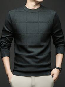 男士圆领商务休闲套头针织衫，适合秋冬季节，长袖上衣 - 墨綠色 - 查看 1