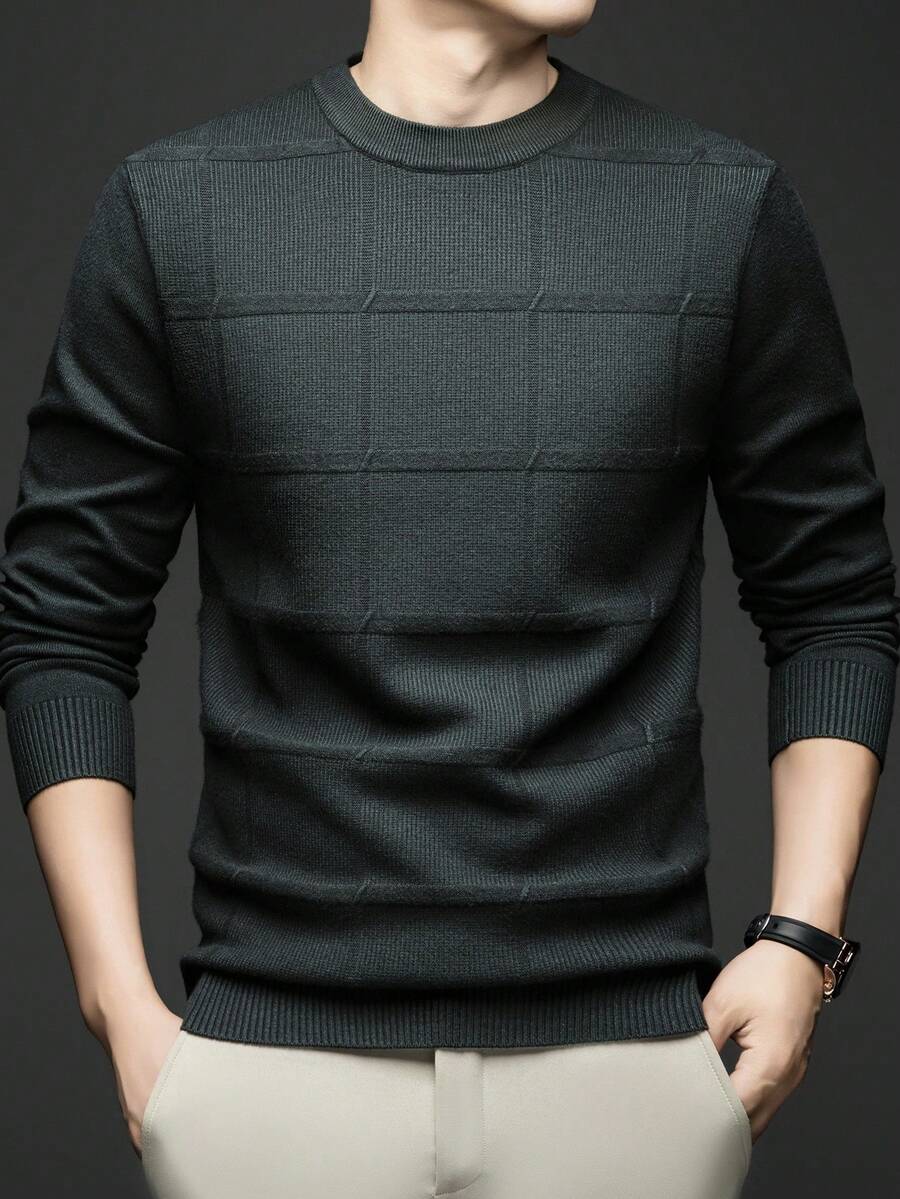 男士圆领商务休闲套头针织衫，适合秋冬季节，长袖上衣 - 墨綠色 - 查看 1