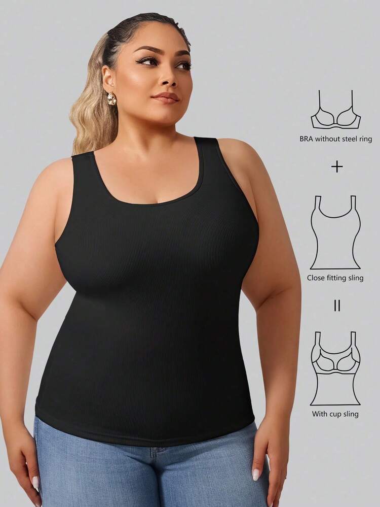 Plus Size 1pc Autumn/Plus Size Ribbed Brushed Camisole With Built-In Cup Holder, Yoga Top, No Bra Required - Black - View 4