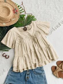 Rusttydustty 女士白色V领短袖叠层下摆衬衫，波西米亚风格，适合海滩、夏威夷音乐节和热带度假等夏季穿着 - 杏色 - 查看 5