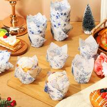 200 Pcs Chinoiserie Blue White Flower Tulip Cupcake Liners Paper Mini Baking Cups Cupcake Wrappers Muffin Liners For Wedding Tea Party Bridal Baby Shower Decoration