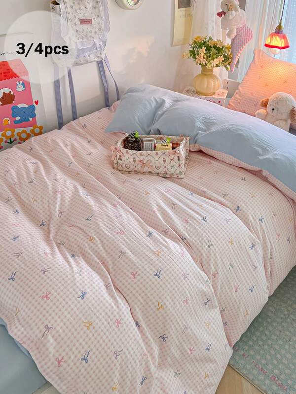 Juego de ropa de cama de 3/4 piezas, funda nórdica con estampado de lazos de colores, funda nórdica con estampado de cuadros rosas, sábana de unicolor, adecuado para dormitorio de estudiantes, habitación infantil, dormitorio doble, funda nórdica con estilo de dibujos animados lindos en rosa, azul, beige, decoración del hogar, para todas las estaciones (incluye 1 funda nórdica, 1 sábana, 1 o 2 fundas de almohada, excluye el relleno), decoración de otoño, decoración de la habitación