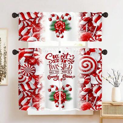 [Christmas Curtain] 1pc/2pcs Festive Christmas Candy Canes Kitchen Curtain - 100% Polyester - Contemporary Style - Light Blocking - Hand Washable - Printed Design - Rod Pocket Hanging - Holiday Room Decor For Kitchen, Living Room, Bedroom, And More