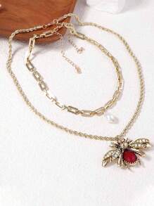 2pcs Faux Pearl Zirconia Insect & Animal Pendant Necklace, Women Fashion Jewelry Accessories