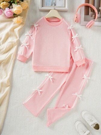 2pcs Sweet & Retro Girls' Ribbed Bow Decor Raglan Sweatshirt And Pants Set, Pink