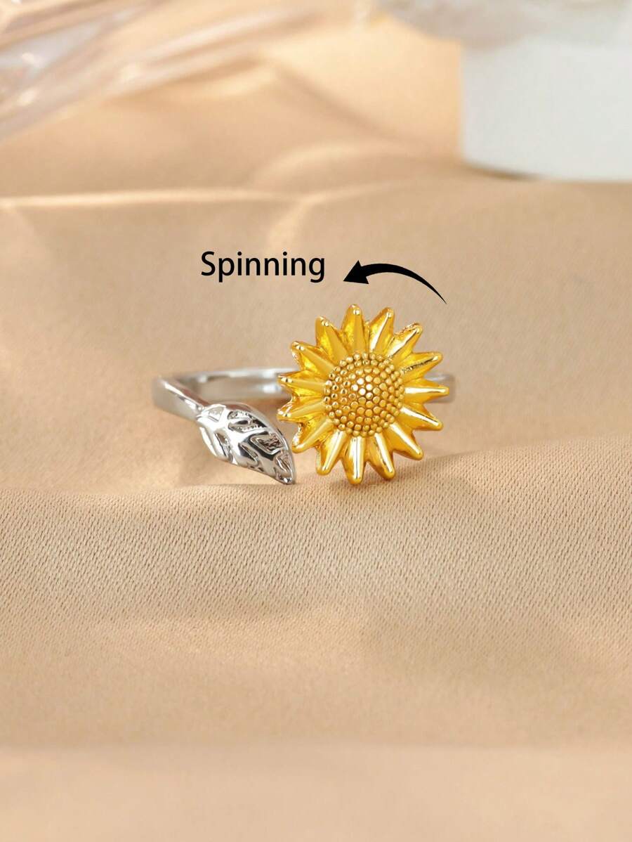 1PC Spinner Sunflower Rings For Women Stainless Steel Anti Anxiety Fidget Ring Wedding Jewelry Daily Wear Decoration