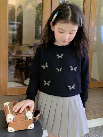 BASUSARRI 2pcs Young Girl Butterfly 3D Graphic Crew Neck Sweatshirt & Pleated Skirt Set, Comfortable & Stylish