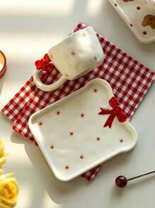 1pc French Ins-Style Handpainted Embossed Bow Ceramic Cup, Cute Polka Dot Floral Mug, Asymmetrical Water Cup, Home Afternoon Tea Coffee Cup, Latte Art Cup, Design Handmade Cup, Dessert Cup, Water Mug, Breakfast Milk Cup, Gift Cup Back To School - Multicolor - View 10