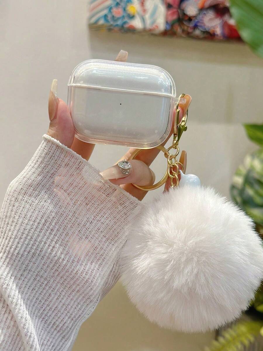 White Fur Ball & White Bell Decor Transparent Earphone Case - Multicolor - View 1