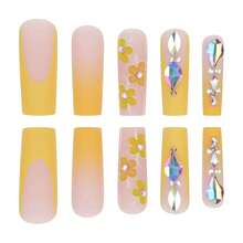 Orange French Fake Nails With Rhinestones - Square Design, Glue On, Fall Nail Press Ons, Stick On Nails, 24 Pcs For Women - 長款-C5C9 - 查看 3
