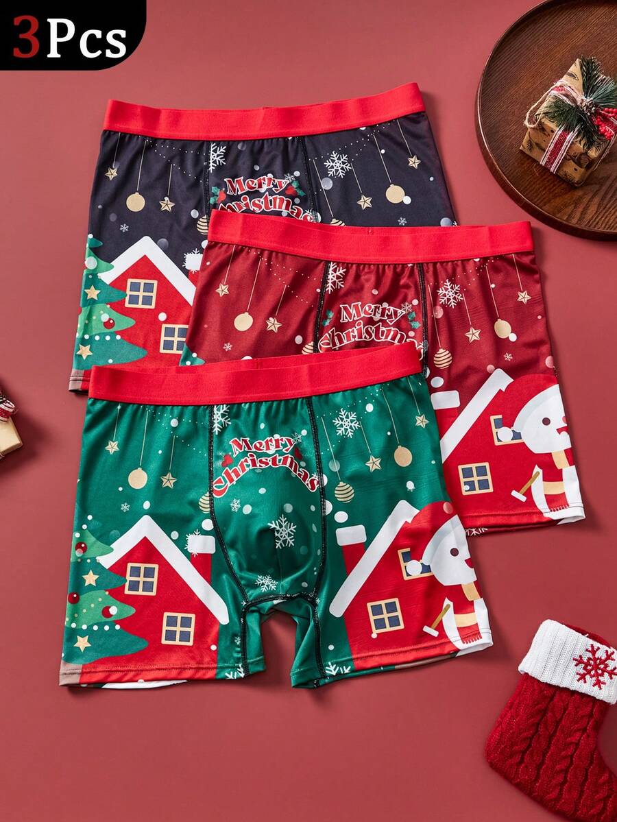 HIALEGION 3pcs Christmas Digital Print Comfortable Boxer Briefs
