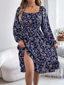 Autumn And Winter Leisure Vacation Small Floral Solid Color Square Neck Long Sleeve Women's Dress - 藏蓝色 - 查看 4