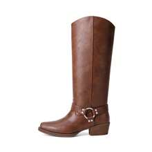 Women's Knee High Boots Side Zipper Chunky Heel  Western Shoes Classic Vintage Metallic Buckle Motorcycle Tall Boots For Autumn And Winter - 棕色 - 查看 4