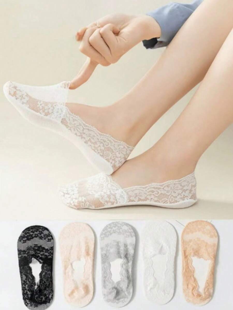 1/5双非纸板女士春夏休闲浅口船袜樱花蕾丝硅胶防滑隐形短袜日常休闲蕾丝透气隐形船袜 - 彩色 - 查看 1