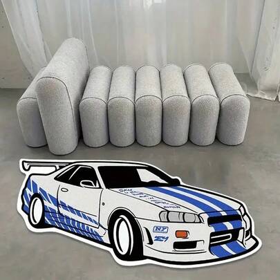 1pc White & Blue Racing Car Pattern Asymmetrical Shaped Carpet, Suitable For Decorative Carpet, Bedroom Decor, Small Rug, Carpet, Home Decor, Living Room Carpet, Living Room Small Rug, Bedroom Carpet, Living Room Home Decor, Outdoor Carpet, Washable Carpet, Fleece Carpet, Plush Carpet, Autumn/Winter Carpet, Thick/Plush
