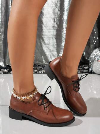 女士系带皮革牛津鞋，复古深口鞋