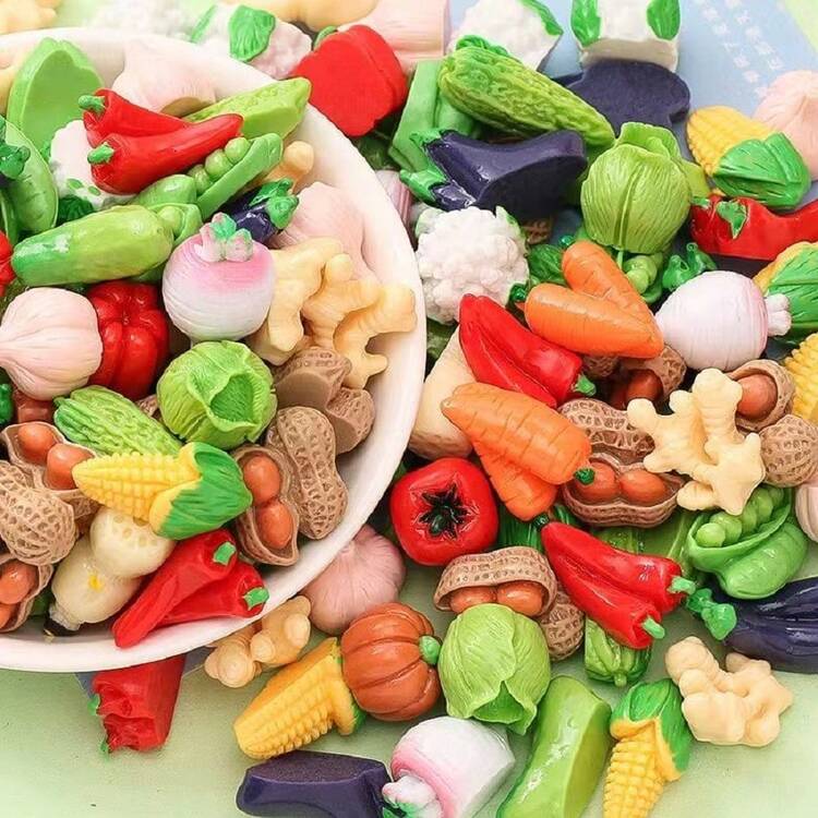 10/20/30/50/100pcs Assorted Miniature Resin Realistic Vegetable Decor Accessories, DIY Dollhouse Tiny Carrot, Cabbage, Garlic, Lotus Root, Chili Pepper, Peanut, Green Bean - Multicolor - View 5