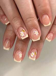 24pcs Short Square Shape Press On Nails Set Yellow French Tip And Floral And Bee Glossy Topcoat Design Nail Art,Nail Supplies Cute And Fresh Style Fake Nails For Women And Girls Daily False Nails,Summer Nails