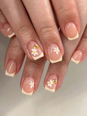 24 st korta fyrkantiga press-on naglar med gul fransk tipp och blommig och bi glansigt överlack design nagelkonst, nageltillbehör söta och fräscha stil lösnaglar för kvinnor och flickor dagliga lösnaglar, sommarnaglar