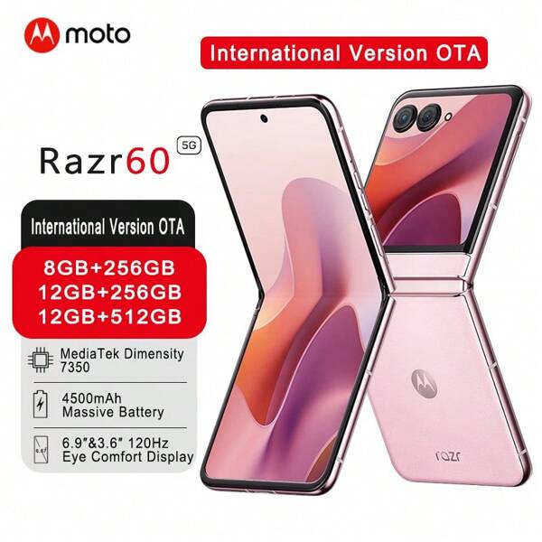 Lenovo Smartphone plegable Moto Razr 60 de 6.ª generación con resistencia al polvo/agua IP48, durabilidad de 600,000 pliegues, fotografía de ángulo libre de 50MP y soporte de carga inalámbrica de 15W. Solo admite los idiomas inglés y chino.