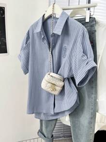 YUXIN 女士竖条纹刺绣短袖衬衫，夏季时尚立领宽松休闲上衣