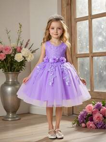 Váy midi không tay thêu ren trắng thanh lịch cho bé gái, thích hợp cho bé gái rải hoa, đám cưới, tiệc tùng, sinh nhật, múa ba lê - Màu tím hoa cà - Xem 4