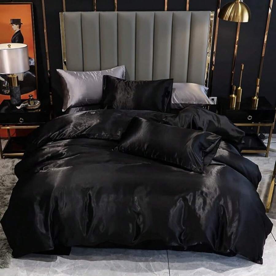 Full Satin Bedding Set In Wine Red, Silk - Like, Luxury Soft Burgundy Comforter Cover, Chic Bedroom Decor, Zippered (1 Duvet Cover + 2 Pillow Cases) - 多 07 - 查看 1