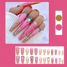 Long Press On Nails Coffin Fake Nails Pink False Nails With Gold Leaf Designs Long Nail Press Ons Glitter Glue On Nails Glossy Artificial Nails Fall Cute Stick On Nails For Women 24Pcs - 長款-C5C23 - 查看 5