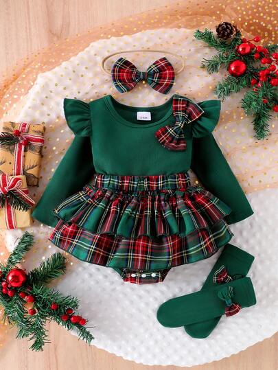 Conjunto de moda de 4 piezas para niña bebé: Vestido de volantes a doble capa con parches de punto acanalado verde sólido y cuadros, body de manga larga con cinturilla, diadema con lazo y calcetines decorados con lazo 3D, apto para uso casual y de actuación