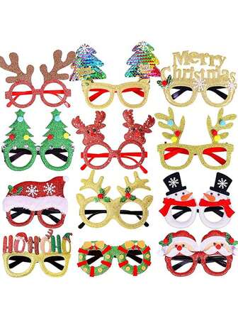 12PCS 12/6pcs/Christmas Party Glasses Sparkling Holiday Party Glasses Christmas Tree Frames Christmas Decorative Accessories Christmas Party Costume Glasses Holiday Gifts (One Size Fits All)