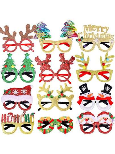 12PCS 12/6pcs/Christmas Party Glasses Sparkling Holiday Party Glasses Christmas Tree Frames Christmas Decorative Accessories Christmas Party Costume Glasses Holiday Gifts (One Size Fits All)