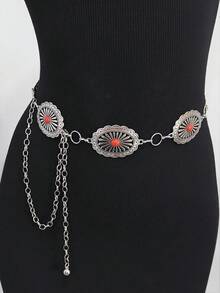 1 件女式波西米亚椭圆花卉印花连衣裙，带腰链，适合派对、聚会、日常穿着和腰部收紧秋季、秋季、万圣节 - 鏤空 - 查看 3