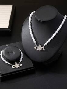 2pcs Fashionable Versatile Beaded Planet Necklace And Bracelet Set, Suitable For Women's Daily, Party, And Casual Wear - Beaded Planet Necklace Bracelet - View 1