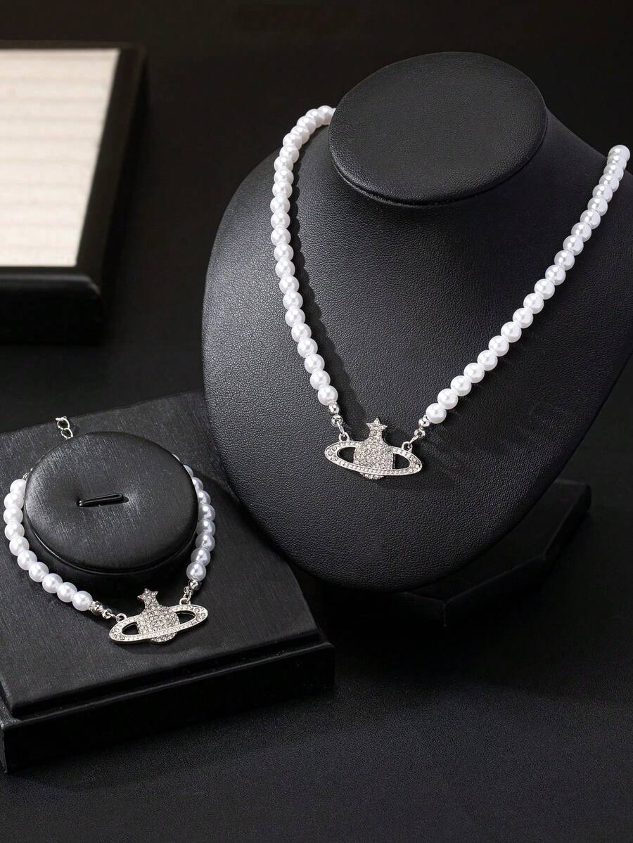 2pcs Fashionable Versatile Beaded Planet Necklace And Bracelet Set, Suitable For Women's Daily, Party, And Casual Wear - Beaded Planet Necklace Bracelet - View 1