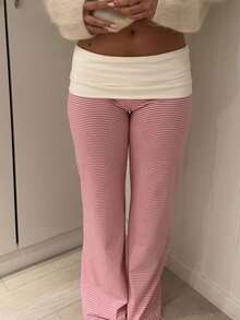 Lounge Yoga Pants For Women Fold Over Low Waist Wide Leg Workout Sweatpants Striped Flare Leggings Y2K Bootcut Bell Bottoms - Hồng - Xem 1