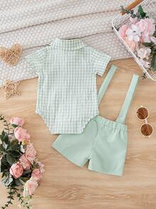 Baby Boy Clothes Suit Infant Short Sleeve Gentleman Outfits Short Sleeves Bowtie Shirt+Suspender Shorts Formal Suits - màu xanh lá - Xem 2