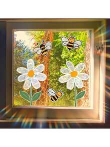 1 Set Of Modern Rainbow Daisies And Bee Electrostatic Stickers Thick Electrostatic Stickers PVC Double-Sided Printing Reusable Stickers For Bedroom, Balcony, Kitchen Window Decoration Bee And Floral Pattern Door And Window Stickers - Multicolor - View 21