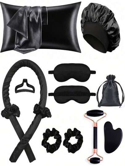12pcs Sleep Hair Styling Tools Set, Curler 1pc Silk Pillowcase For Hair And Skin Queen Set, Silk Heatless Curling Set, Overnight Curling Iron, 1pc Sleep Soft Eye Mask, 1pc Sleep Silk Nightcap, Sleep Essential Set, Hair Accessories For Women, Facial Massage Roller For Women, Hair Styling, Hair Stuff, Curly Hair Products, Hair Styling Kit, Hair Tool Kit, Back To School,Travel Holiday Essentials Shower Towels For Beaty Salon, Hotel Sports,Home Essentials, Towel, Skin Care