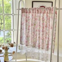 1pc Vintage Floral Rose Print Lace Trim Semi-Sheer Curtain, Suitable For Home & Commercial Use, Ideal For Kitchen, Window Decoration, Retro Window Matching, Christmas Window Decor