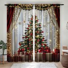 2 Stücke Vorhang mit Weihnachtsmann- und Weihnachtsbaum-Motiv - Polyesterstoff, halbtransparentes modernes Design, geeignet für Schlafzimmer und Wohnzimmer Dekoration, maschinenwaschbar