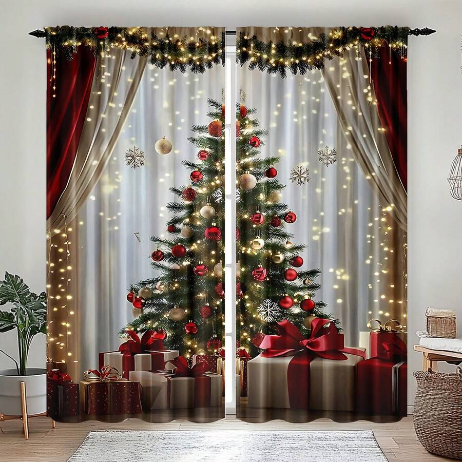 2 Stücke Vorhang mit Weihnachtsmann- und Weihnachtsbaum-Motiv - Polyesterstoff, halbtransparentes modernes Design, geeignet für Schlafzimmer und Wohnzimmer Dekoration, maschinenwaschbar