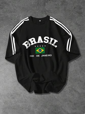 Shwiy Men's Spring/Summer Athletic Stylish Black White Tape Short Sleeve T-Shirt With Brazil Flag Print, Minimalist Letter & Star Pattern, Suitable For School, Casual Wear, Street Style, Gift For Boyfriend