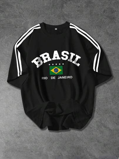 Shwiy Herr vår/sommar sportig snygg svart kortärmad t-shirt med tryck av Brasiliens flagga, minimalistiskt bokstäver och stjärnmönster, lämplig för skolan, fritidskläder, gatustil, present till pojkvän, för skolstart