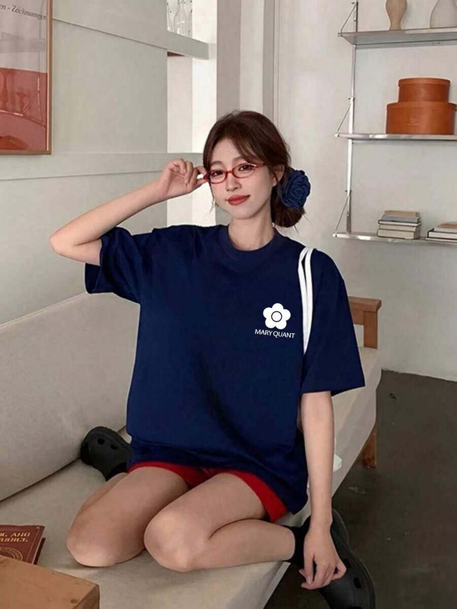 Girls' New Summer Short Sleeve 100% Cotton. Perfect For Vacation, Leisure, Travel, Sports And Everyday Wear. Student Printed Round Neck Pullover, College Youth Short Sleeve T-Shirt. - 藏蓝色 - 查看 1