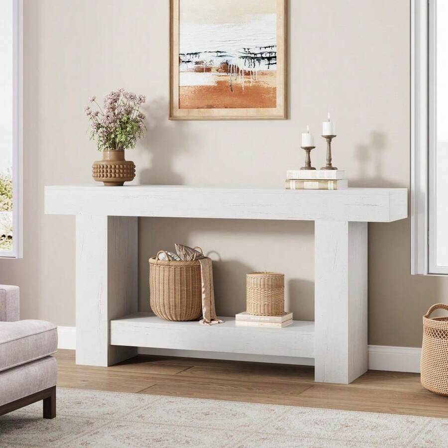 LIZHOUMIL 63 Inches Long Console Table For Entryway, 2-Tier Large Sofa Table With Storage, Wooden Entry Table For Living Room, Hallway - 白色 - 查看 1