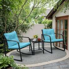 3 Pieces Outdoor Rocking Chair Furniture Sets Modern Patio Furniture Set Rocking Wicker Bistro Sets Cushioned PE Rattan Chairs Conversation Sets With Glass Coffee Table - Blue - View 2
