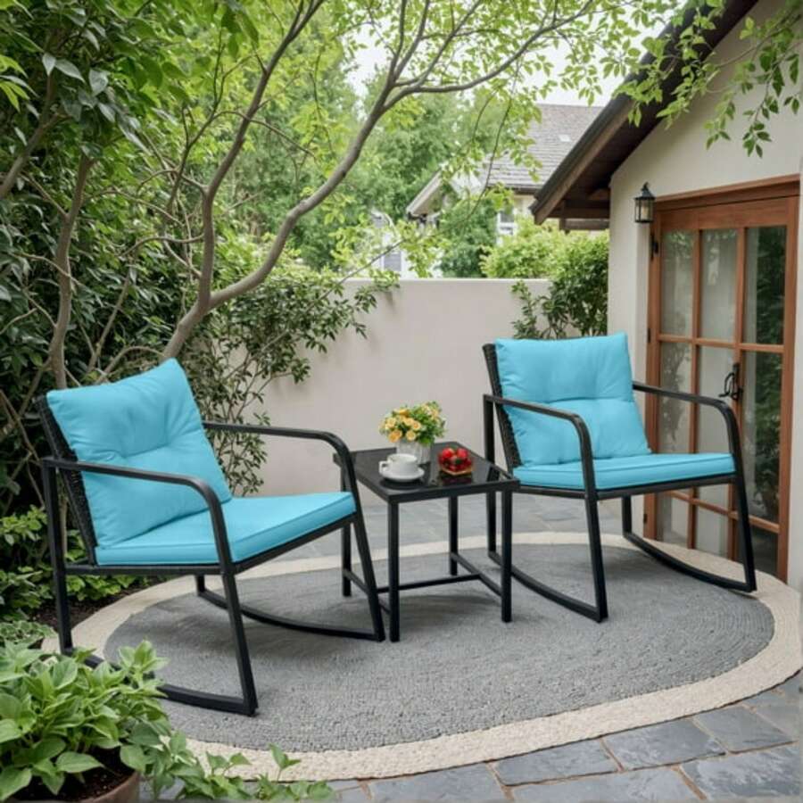 3 Pieces Outdoor Rocking Chair Furniture Sets Modern Patio Furniture Set Rocking Wicker Bistro Sets Cushioned PE Rattan Chairs Conversation Sets With Glass Coffee Table